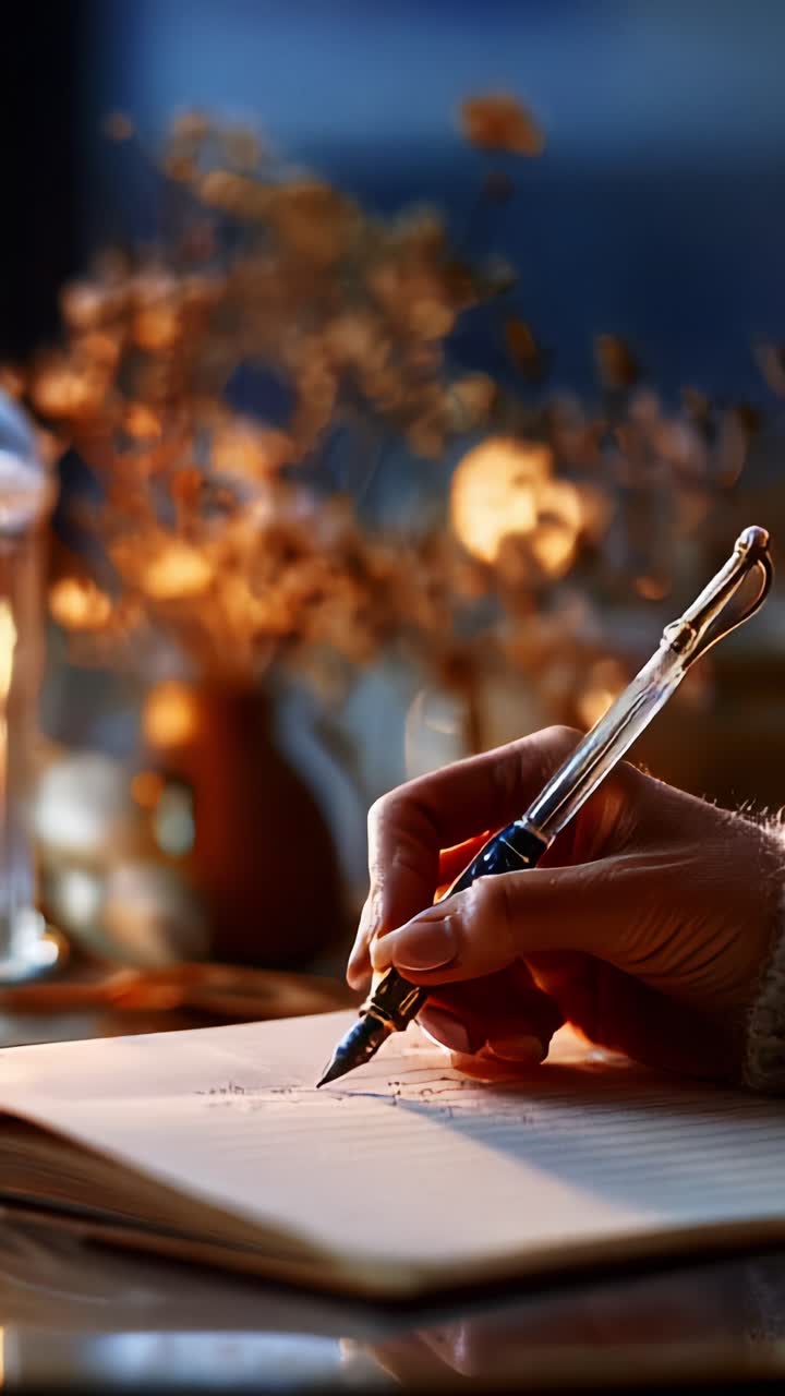 Capturing Thoughts: An Intimate Moment of Writing with a Fine Fountain Pen Yields a Beautiful Sketch in a Soft, Glowing Environment with Floral Accents