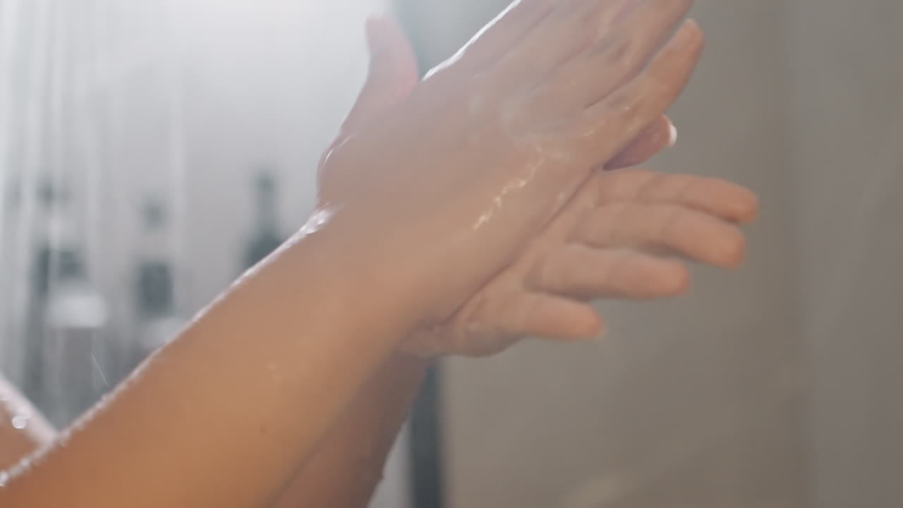 Gäst utför tvåltvätt med varmt vatten. Närbild på gäst som tvättar händerna med skum och varmt vatten. Detaljerad bild av gäst som löddrar händerna under varmt vatten med tvål och mjuk belysning