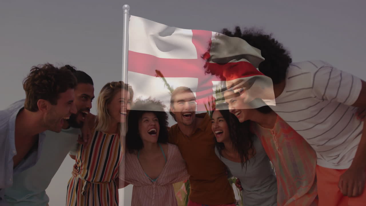 Celebrating with England flag overlay, friends watching animation in living room