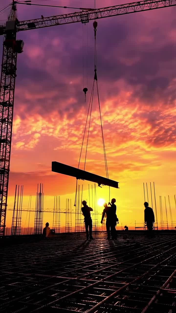 Silhouetted construction workers at sunset, crane lifting beam Low-angle video shot