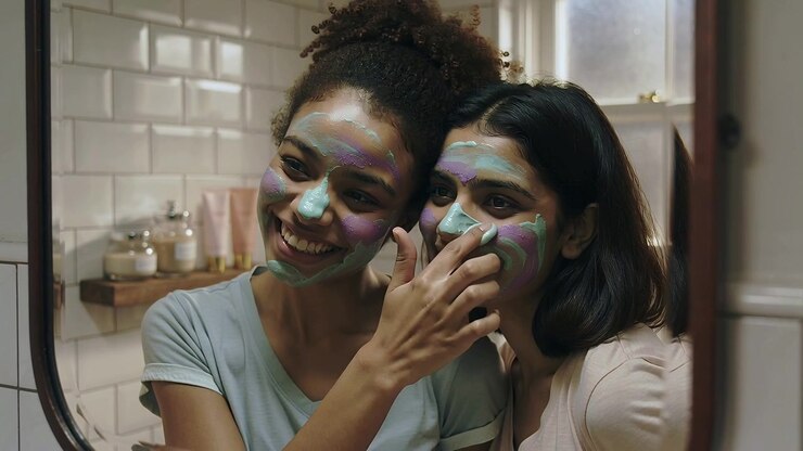 Checking mirror, two women wearing casual tops smoothing colorful masks in home bathroom by shelf