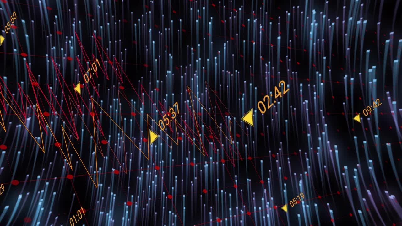 Starting with vertical blue bars, zigzag lines forming, pulsing, arrows sliding showing data stream