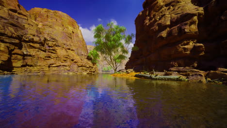 tranquil oasis surrounded by towering cliffs reflecting in clear water