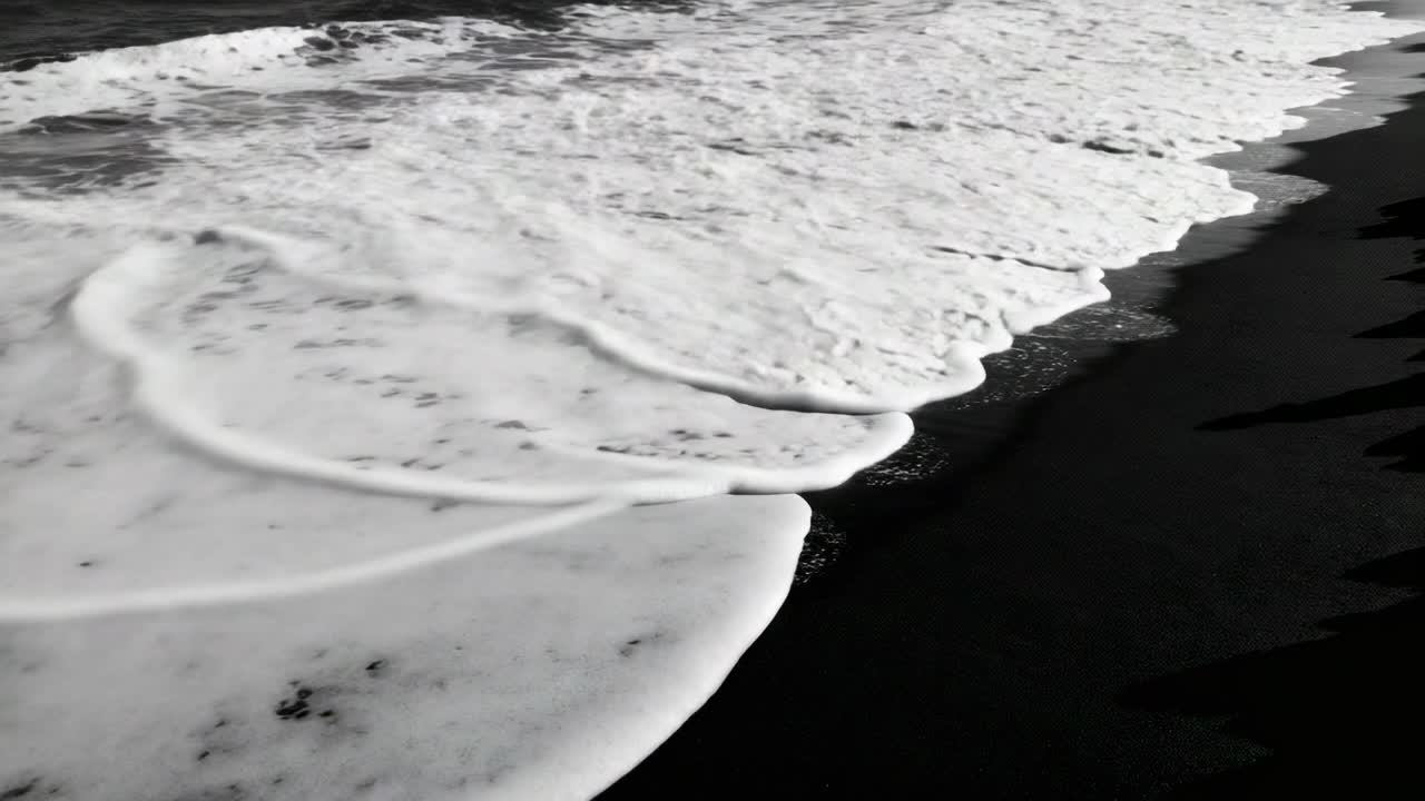 打ち寄せる波が砕け、白い泡が暗い砂の海岸線に広がる。