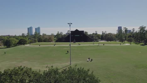 aerial - reveal of hermann park over a tree on a sunny day in houston, tx