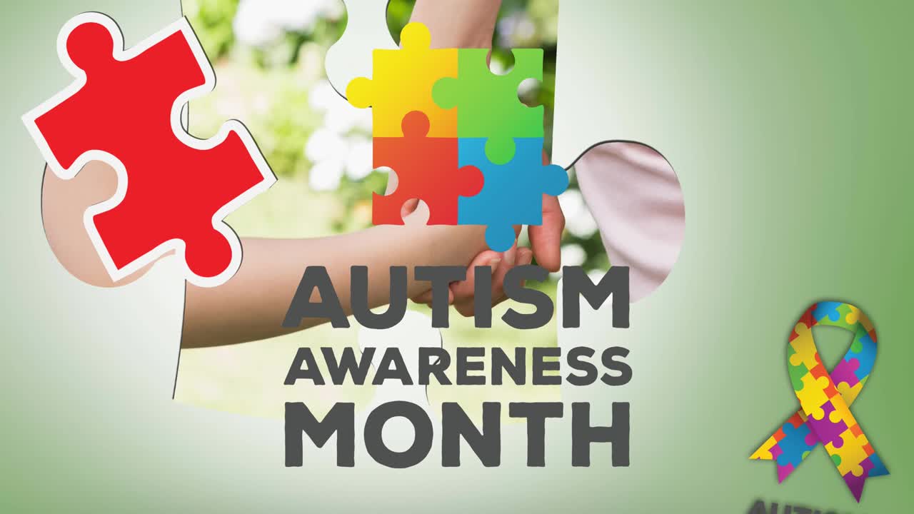 Animazione del testo del mese della consapevolezza sull'autismo con puzzle che cadono su madre e figlio che si tengono per mano