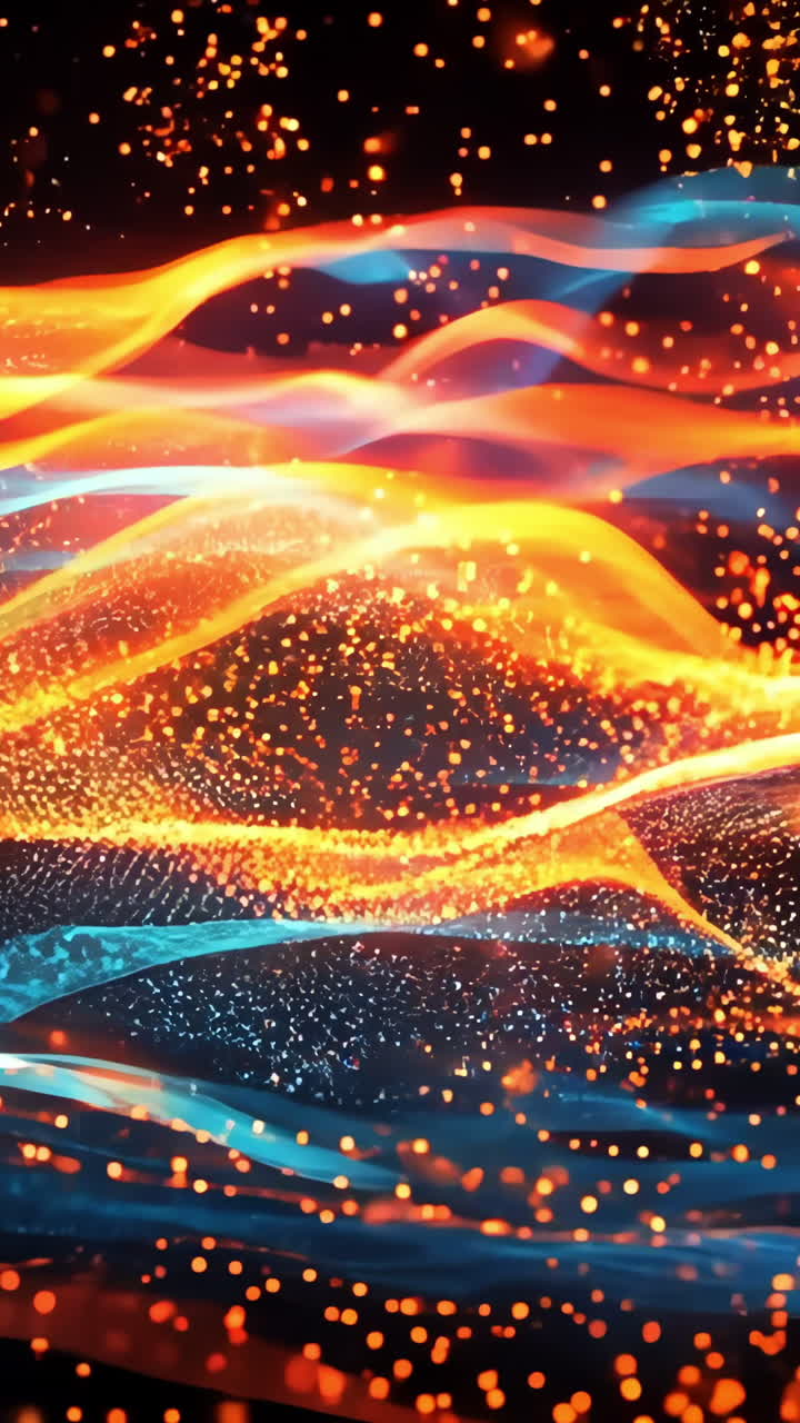 The image is a computer generated image of a wave with orange and blue colors. The waves are very small and the colors are bright and vibrant. Scene is energetic and dynamic