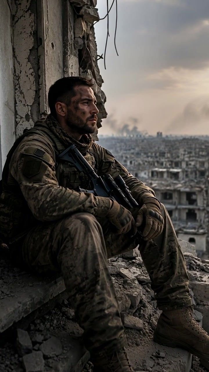 Uomo armato seduto rimane tra cemento rotto e muri a vista, passando da uno sguardo distante a uno abbassato mentre il fumo si diffonde sopra edifici urbani danneggiati in una luce naturale soffusa