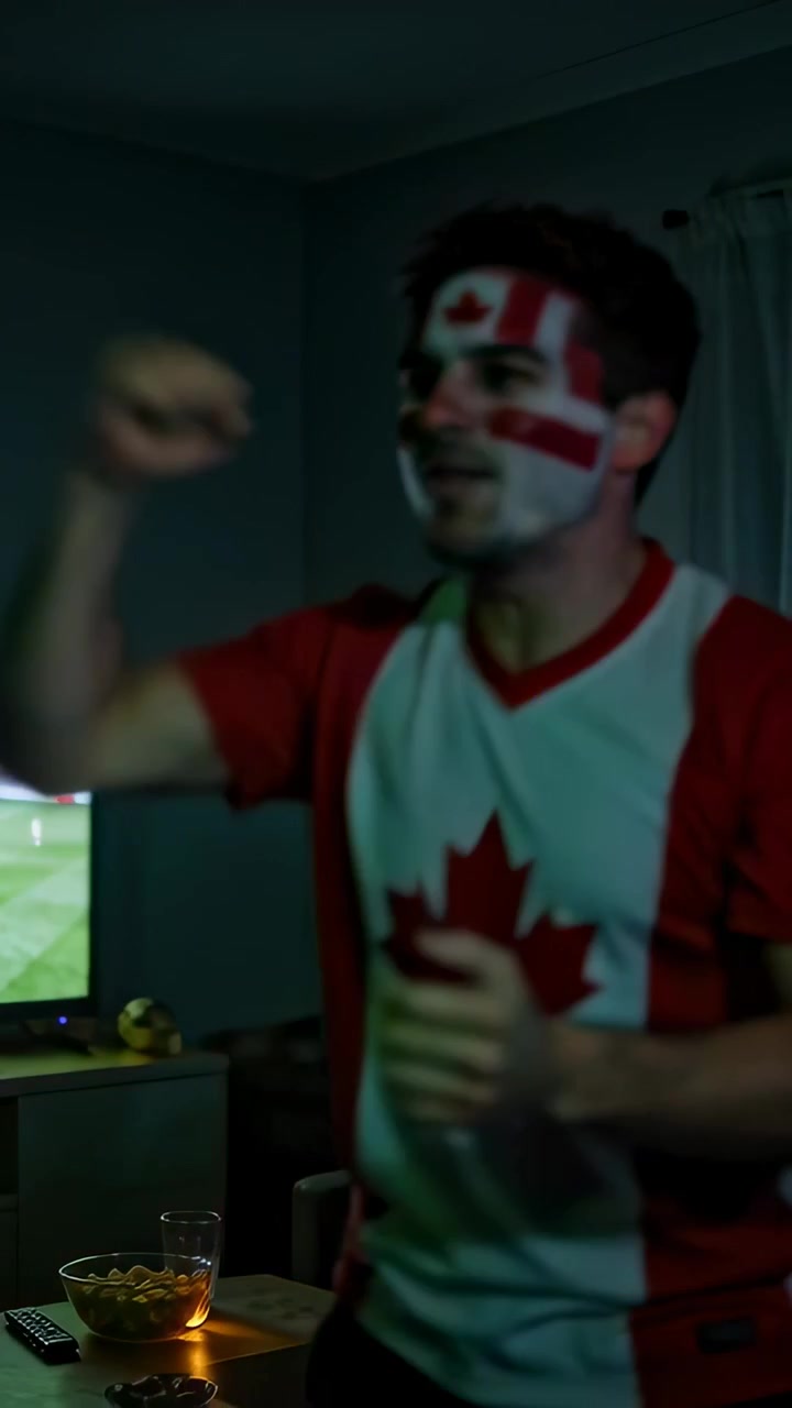 Video verticale: Uomo con la maglia del Canada che esulta a casa, alzando i pugni e applaudendo dopo una grande giocata in TV
