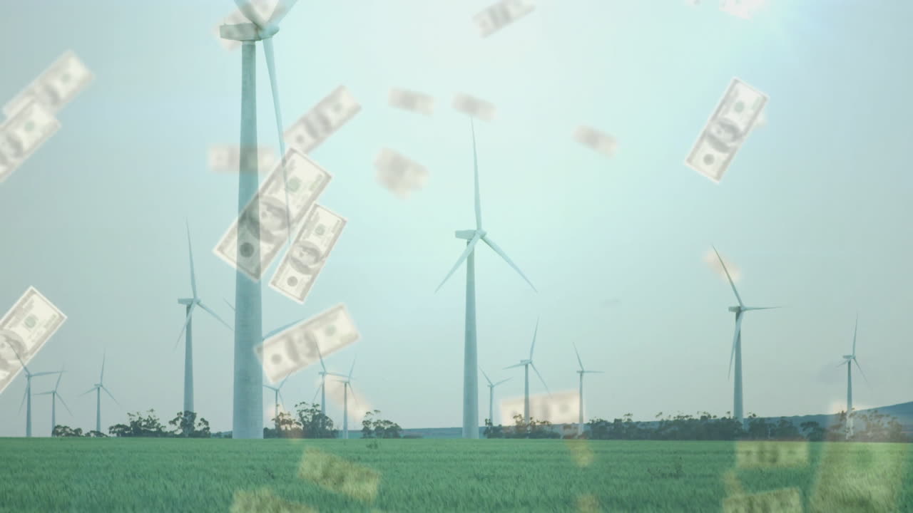 떨어지는 돈 애니메이션과 함께 녹색 필드에서 풍력 터빈