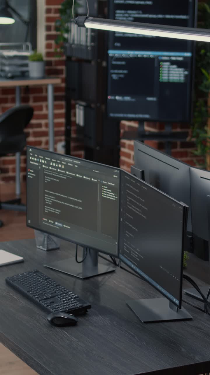 Workspace with Computer Monitors and Programming Code