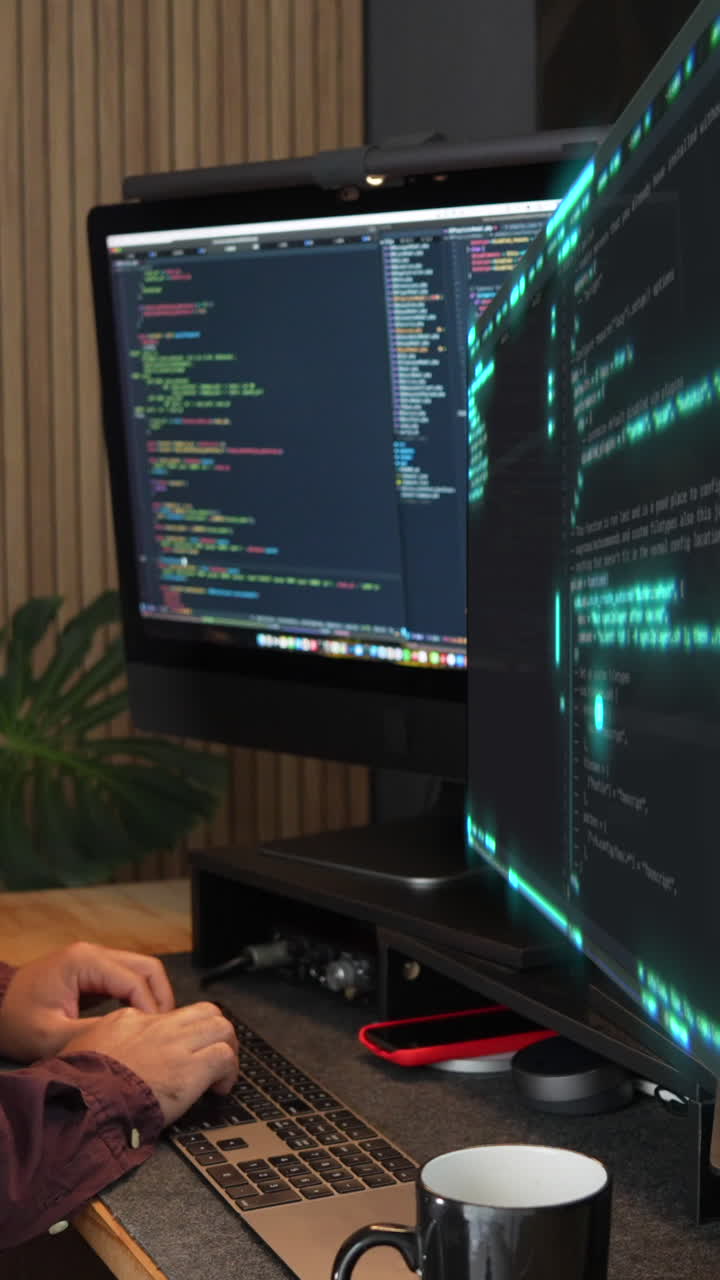 An engaging vertical video revealing a programmer at work with a holographic code display. The scene captures a tech-savvy atmosphere with well-lit screens, perfect for social media content