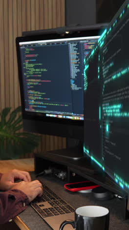 an engaging vertical video revealing a programmer at work with a holographic code display. the scene captures a tech-savvy atmosphere with well-lit screens, perfect for social media content