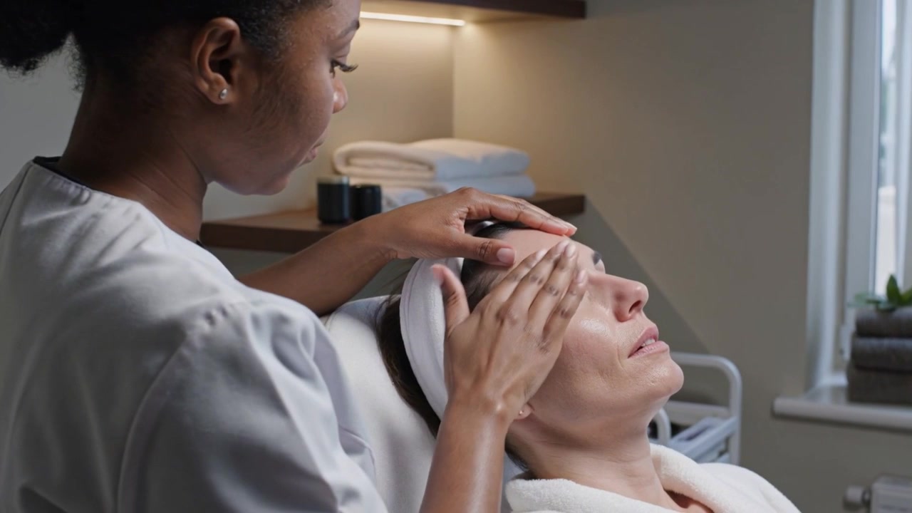 Esteticista aplicando e massageando produtos para a pele na cliente em uma cadeira de spa, com a mão na testa, para alívio.