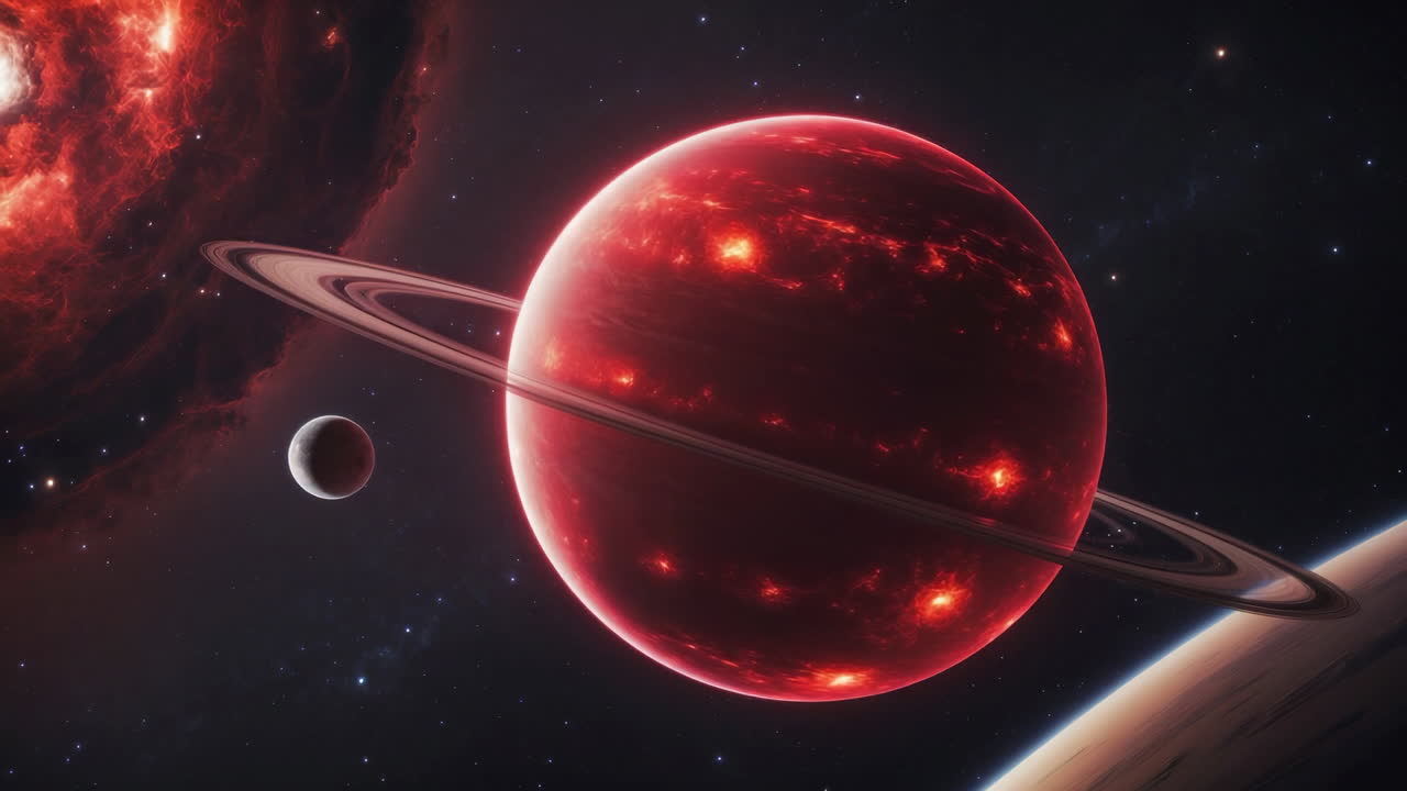 Red Ringed Planet with Moon and Nebula in Deep Space