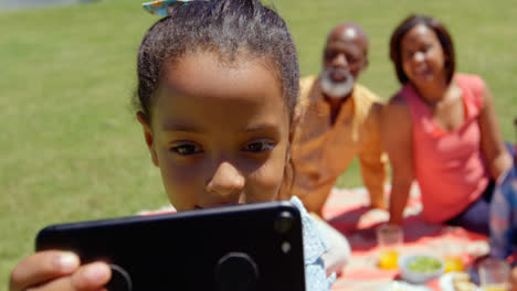 front view of cute little black girl with family clicking selfie on mobile phone in the park 4k