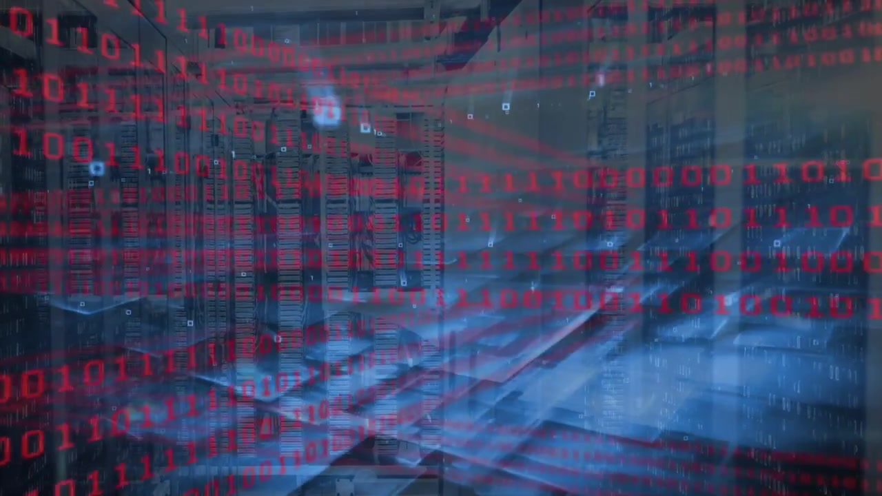 On start red binary overlay appearing over server racks, blue wave sweeping, visualizing data flow