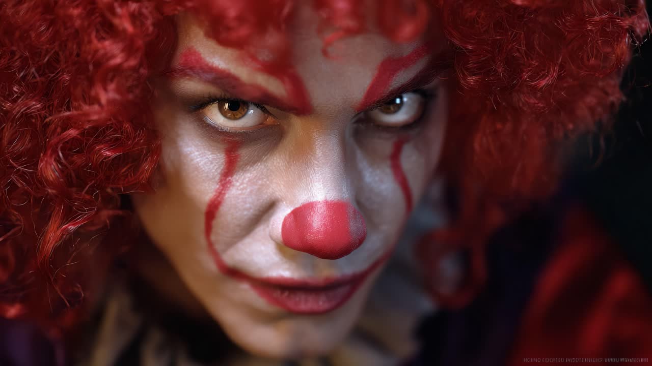 Intense Glare of a Sinister Clown with Red Hair and Obscured Face, Captured in Two Dramatic Frames Highlighting Frightening Expression and Colorful Costume