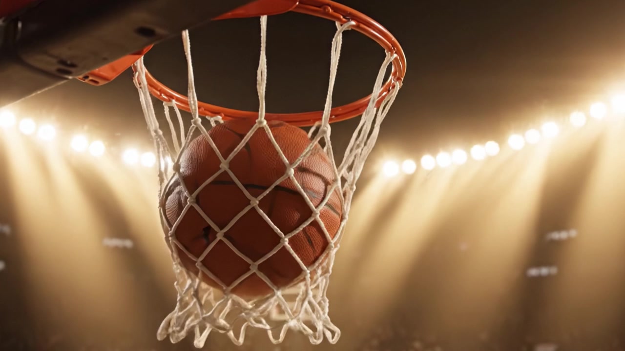Uno spettacolo drammatico di atletismo: gli ultimi momenti di una partita di basket con la palla che passa con successo attraverso la rete in un'atmosfera vibrante dell'arena