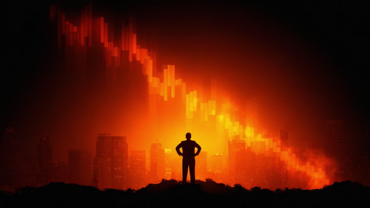 A lone figure stands against a vivid backdrop of rising city silhouettes, illuminated by a fiery sunset with digital graphs suggesting a dramatic market trend