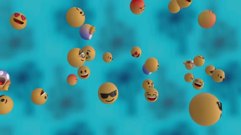 Animation-Von-Emoji-Symbolen,-Die-Auf-Blauem-Hintergrund-Schweben