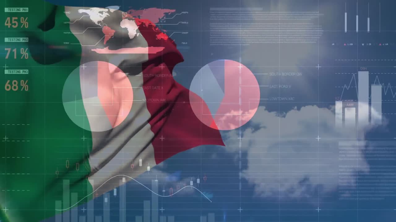 Animazione di elaborazione dati e bandiera dell'Italia su nuvole e sole