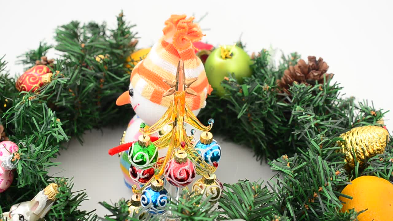 Fir-tree still life and snowman. Shooting in the movement