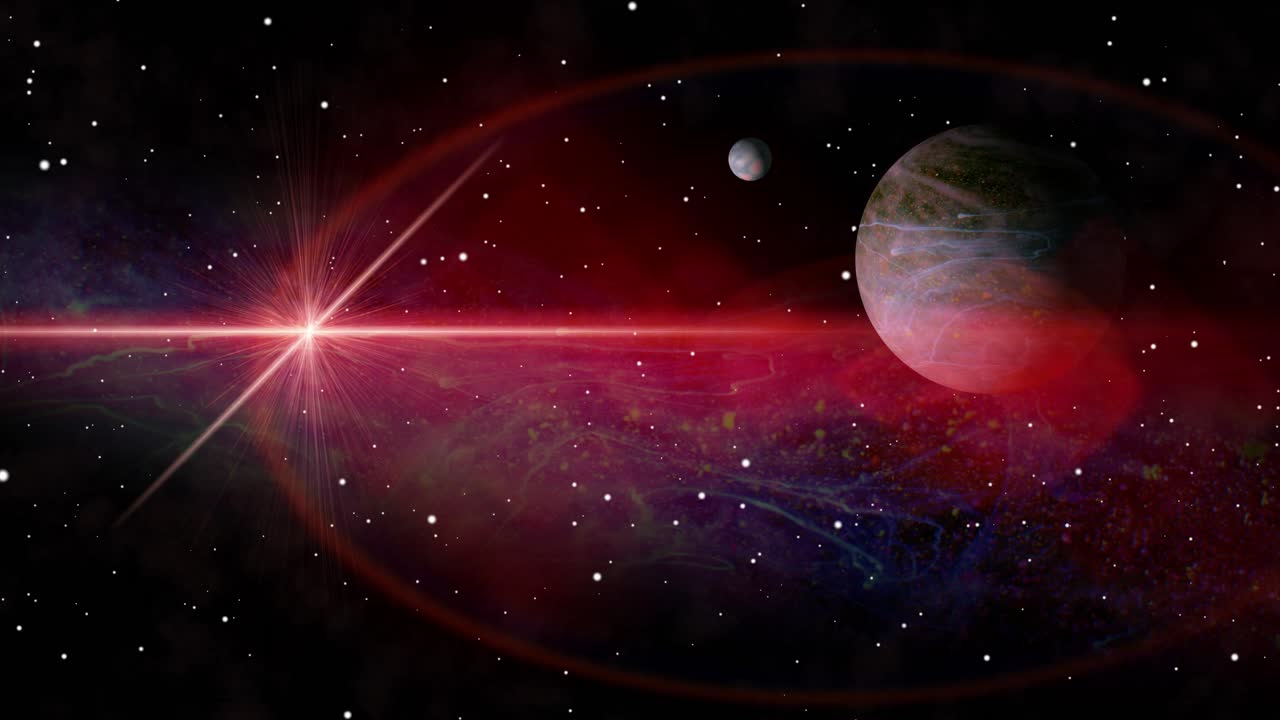 달과 붉은 태양이 있는 행성으로의 우주 여행