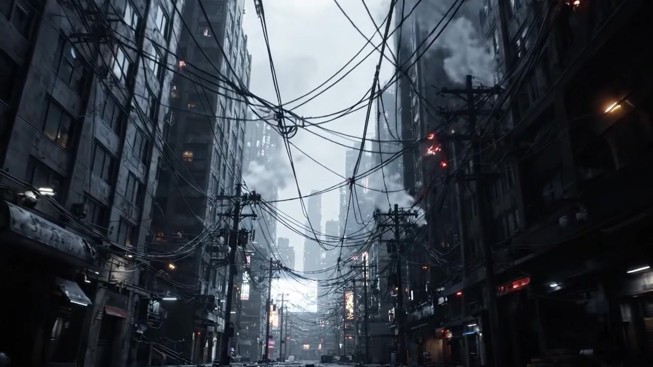 Un cupo paesaggio urbano che raffigura una città futuristica con fitti cavi elettrici e un'atmosfera misteriosa sotto cieli coperti e illuminazione diffusa.