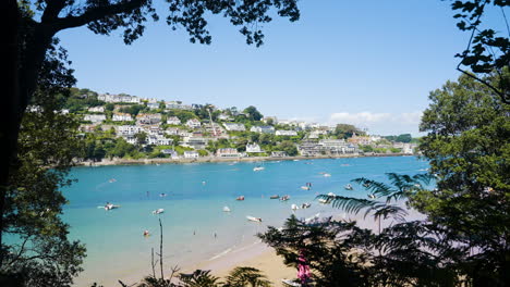 coastal town with boats and beach