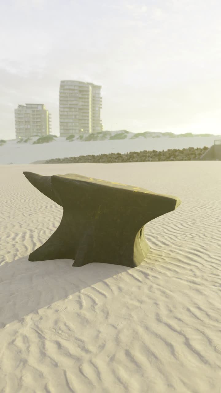 Unique black anvil resting on sunlit sandy shore at midday