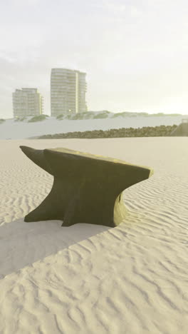 unique black anvil resting on sunlit sandy shore at midday