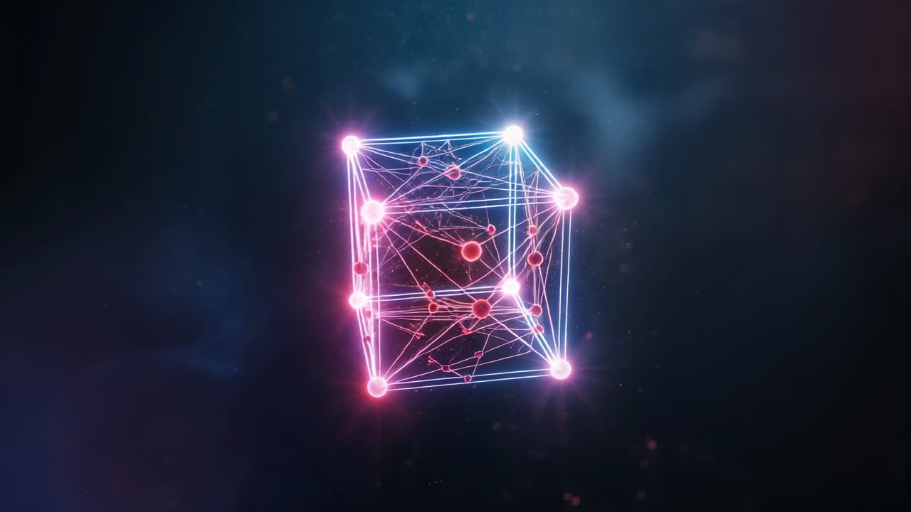 Appearing neon wireframe cube rotating in space, with glowing nodes, lines, spheres and particles
