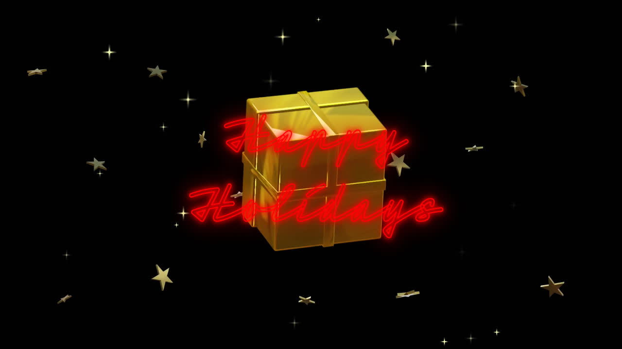 animación de texto iluminado de felices fiestas con caja de regalos y estrellas girando sobre fondo negro