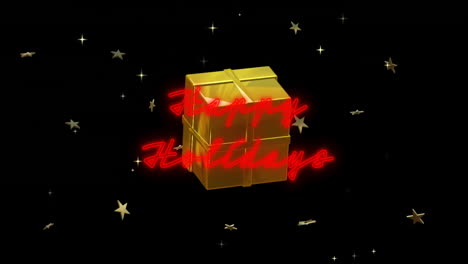 animation of illuminated happy holidays text with gift box and stars rotating on black background