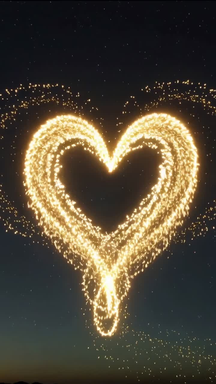 Video verticale: Flussi di particelle emergenti che formano un cuore luminoso in un cielo stellato, spargendo scintille