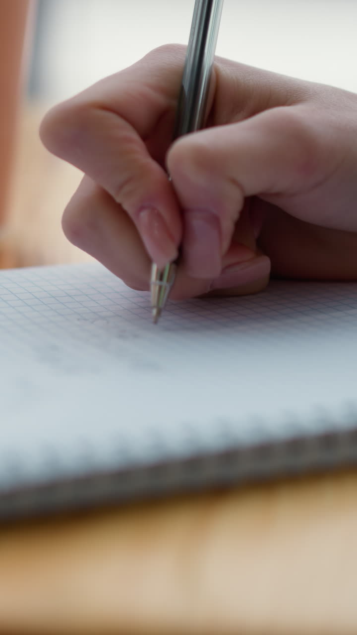Close-up of student's hand writing on graph paper with a pen, coffee cup and phone blurred in background, capturing study, focus, and academic atmosphere