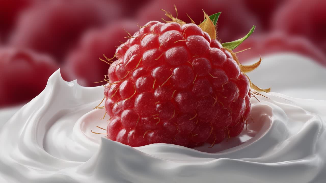 Close-Up of a Delicious Raspberry Resting on a Generous Swirl of Creamy Whipped Topping Against a Soft Focus Background of More Raspberries
