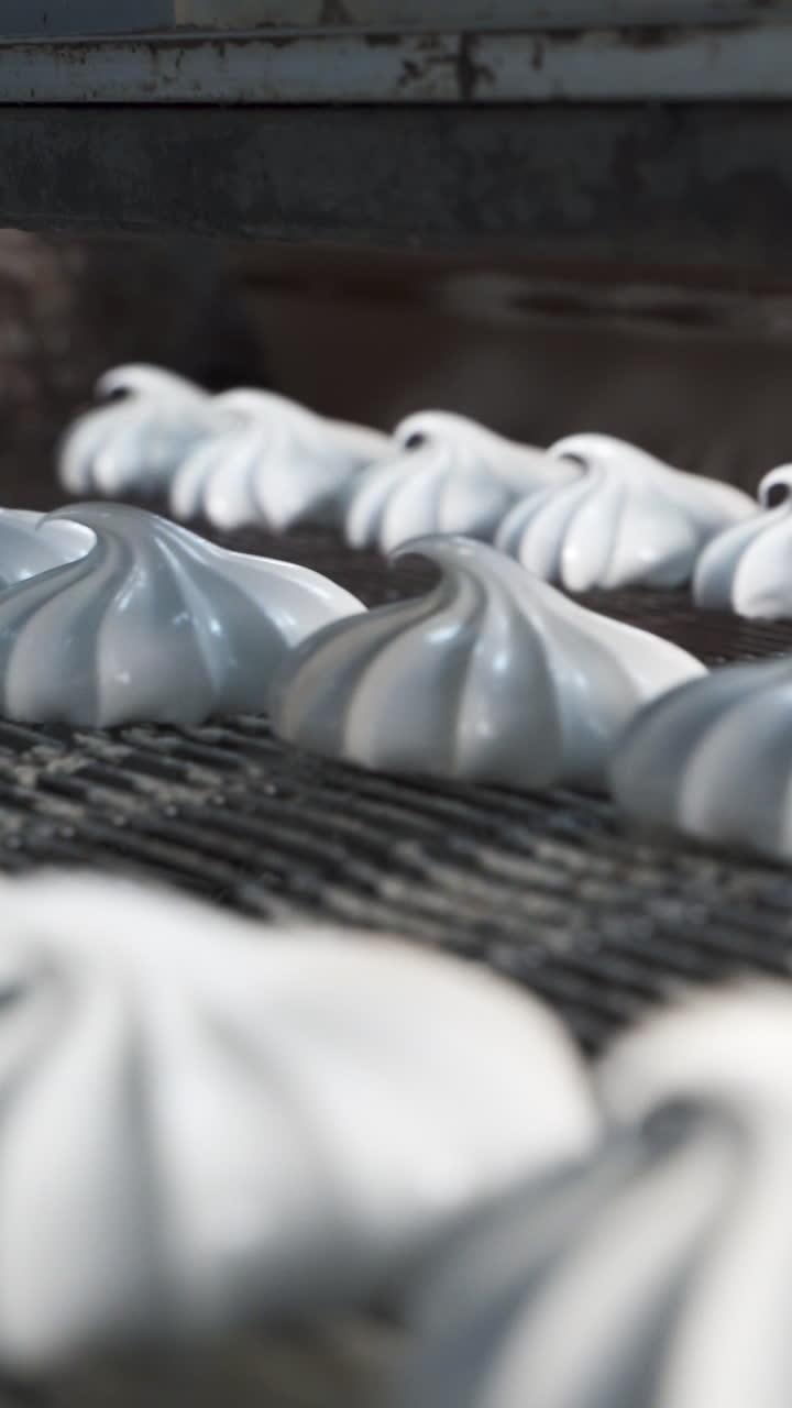 Covering white marshmallows with hot melted chocolate. Automatic line for the production of sweets in the factory. Vertical video