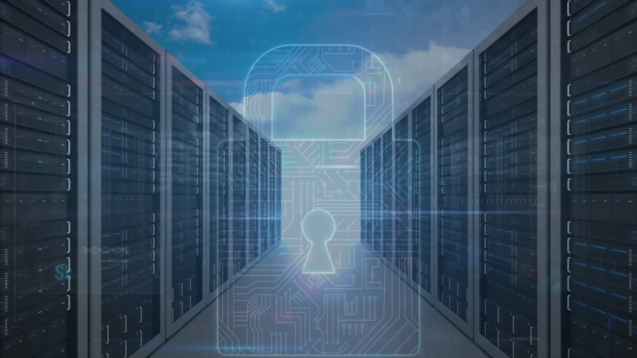 Animation of digital padlock over servers and clouds