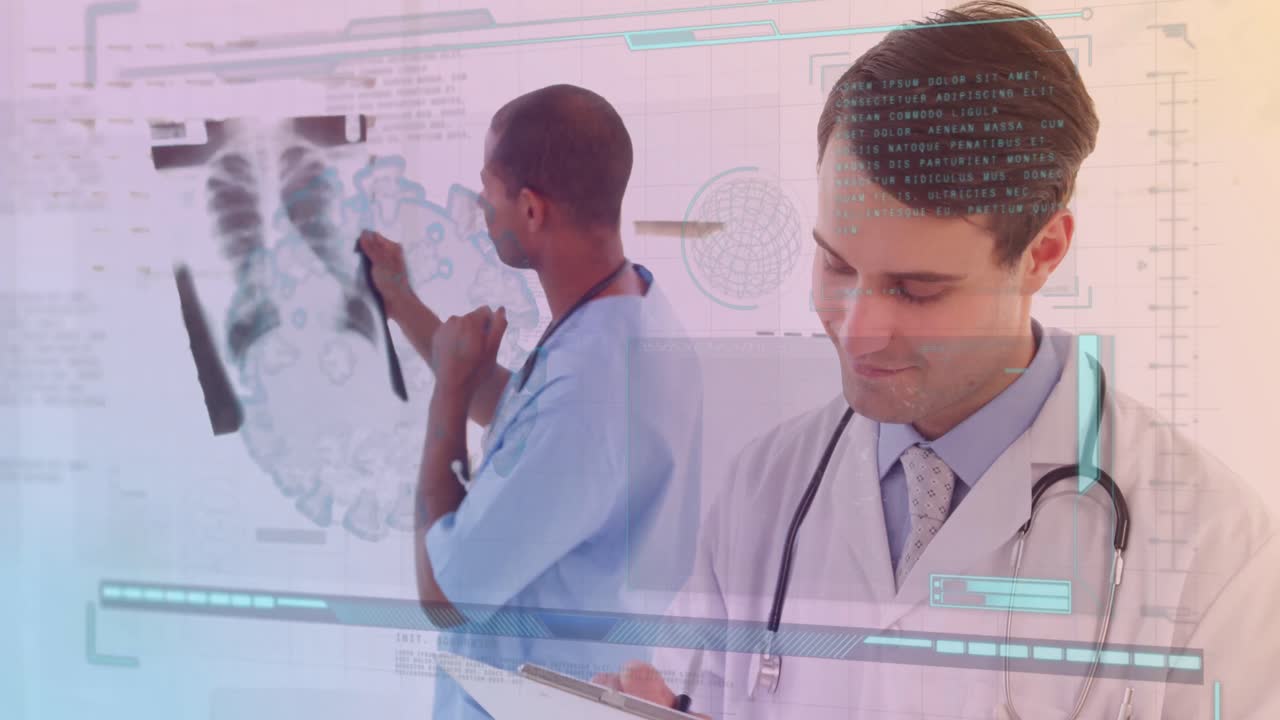 animación de diversos médicos con rayos x sobre el procesamiento de datos