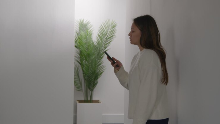 Donna stressata o ansiosa appoggiata al muro a casa che reagisce a una notizia, un messaggio o una storia di internet o dei social media sul telefono cellulare