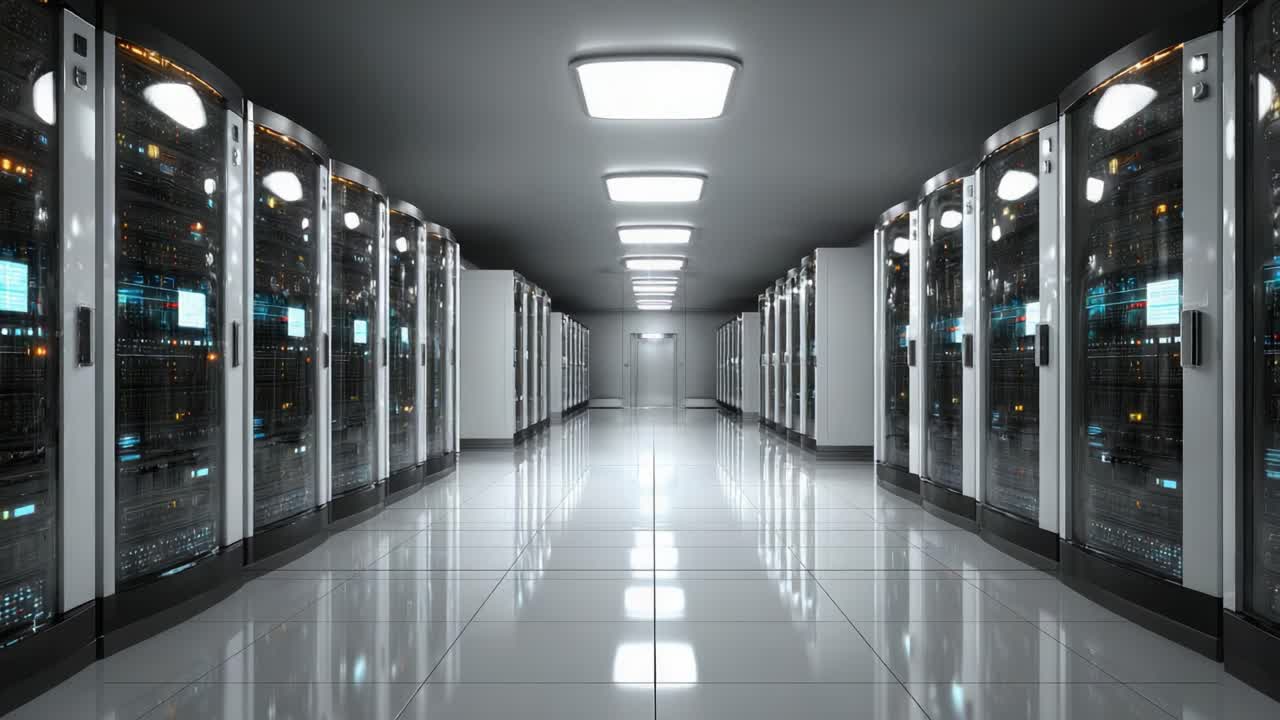 A Panoramic View of a Modern Data Center Featuring Rows of Servers and Advanced Storage Solutions in a Sleek, Organized Environment for High-Tech Operations