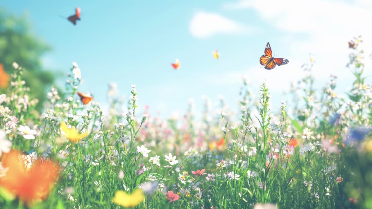 Low-angle video shot of a vibrant meadow with butterflies fluttering above colorful wildflowers