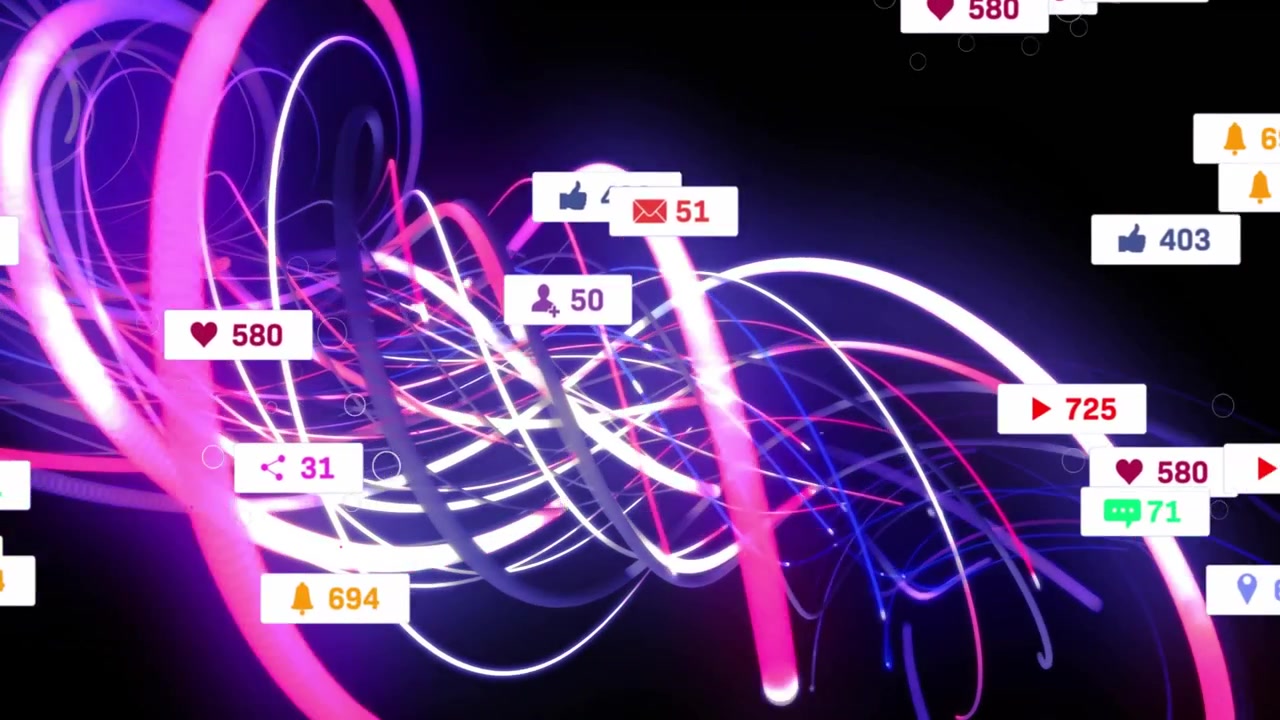 Neon light streaks emerging from left, curving into void carrying icons showing rising engagement