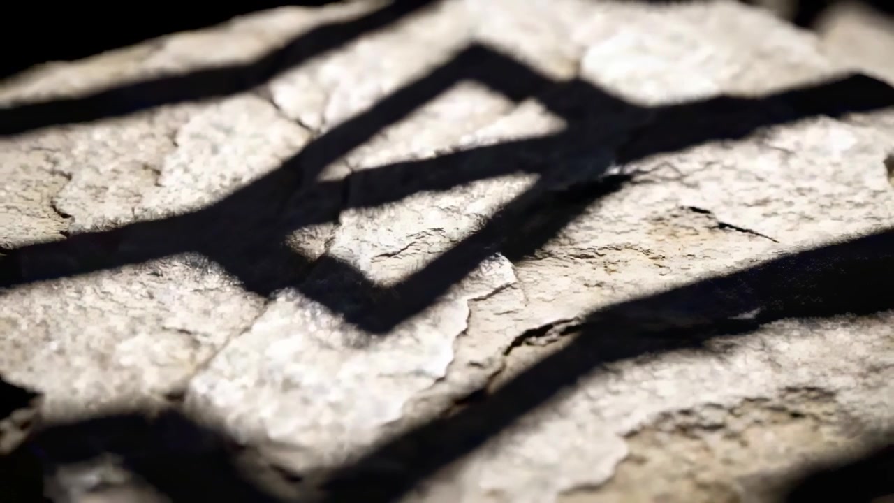Shifting sunlight casting geometric shadow across pale cracked stone, showing narrow fissure depth