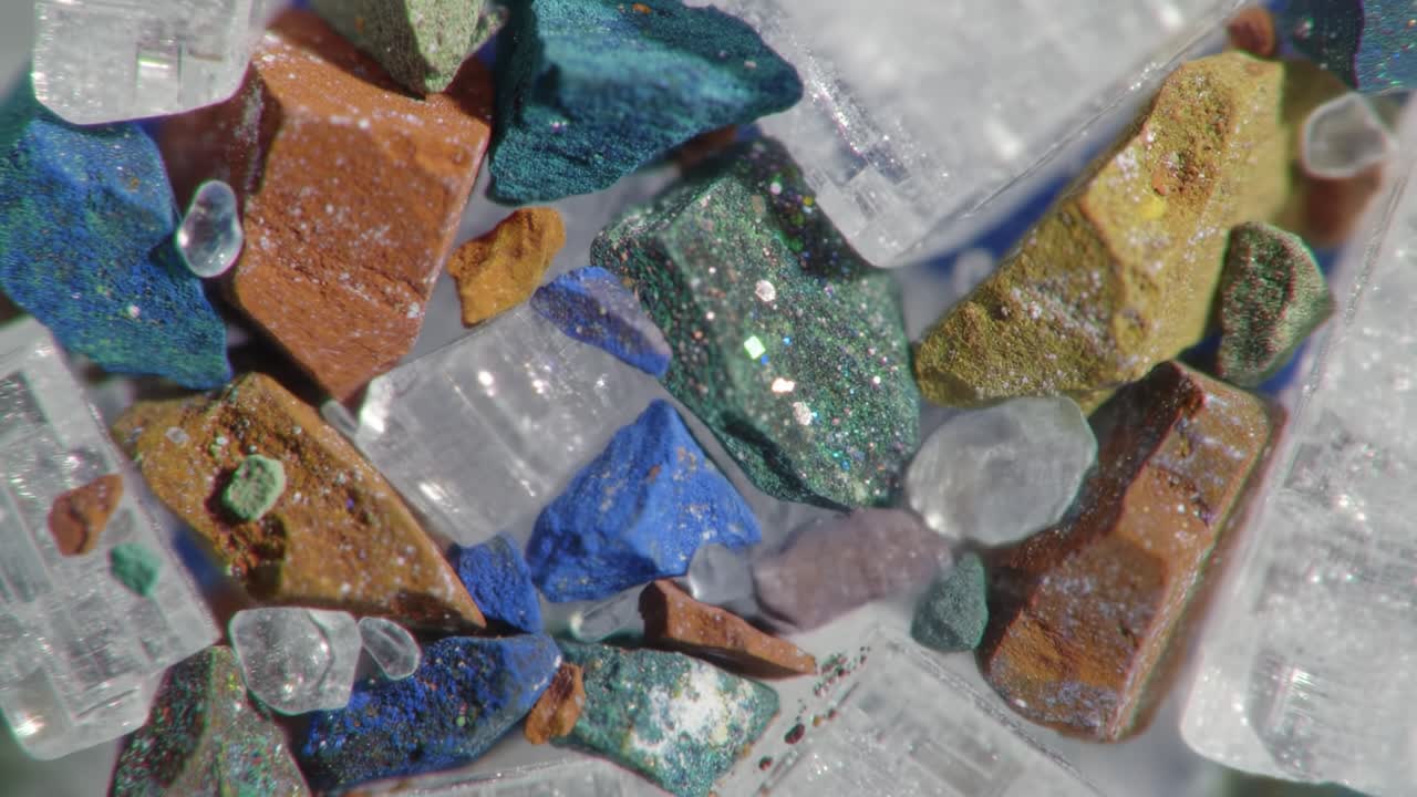 Stunning Macro View of Colorful Mineral Crystals and Gemstones with Glittering Surfaces Capturing Light and Detail in a Close-Up Perspective