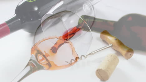 composite of red wine being poured into glass over corkscrew and bottle of wine on white background