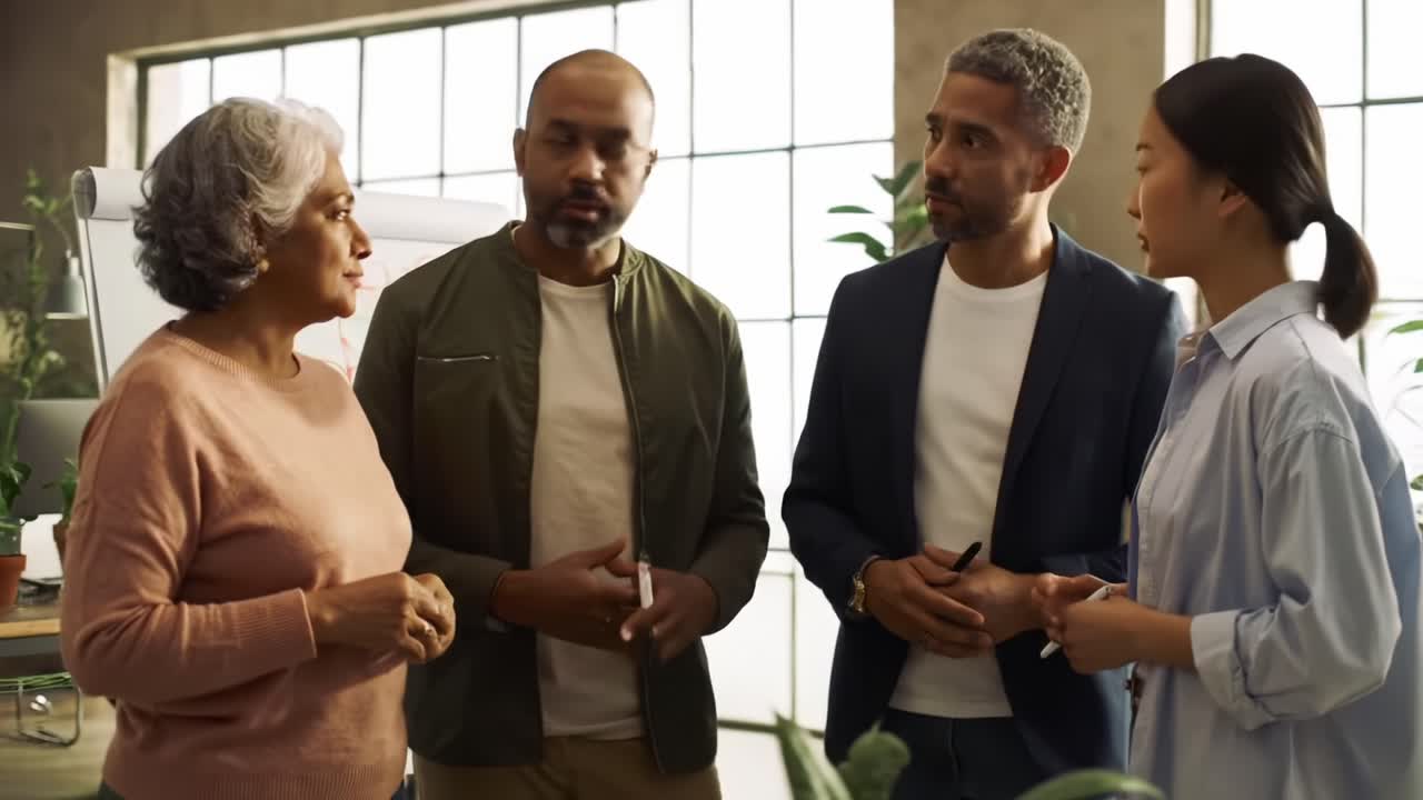 A Diverse Group Engages in Thoughtful Discussion and Collaboration in a Bright, Modern Workspace Focusing on Idea Sharing and Problem Solving