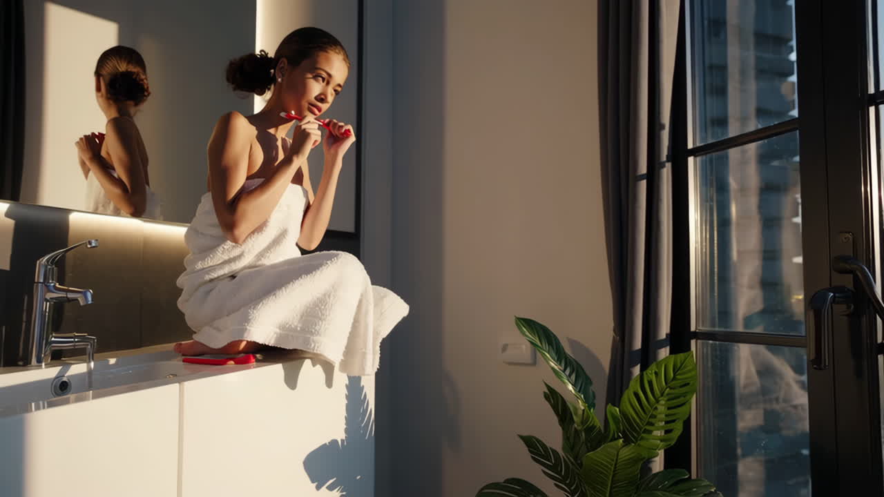 Woman in towel brushing teeth in bathroom